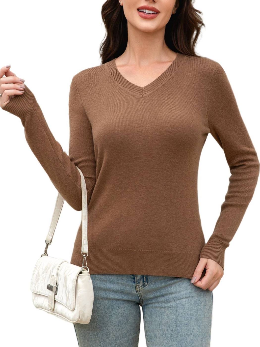 Women's V-Neck Long Sleeve Knit Sweater - 1