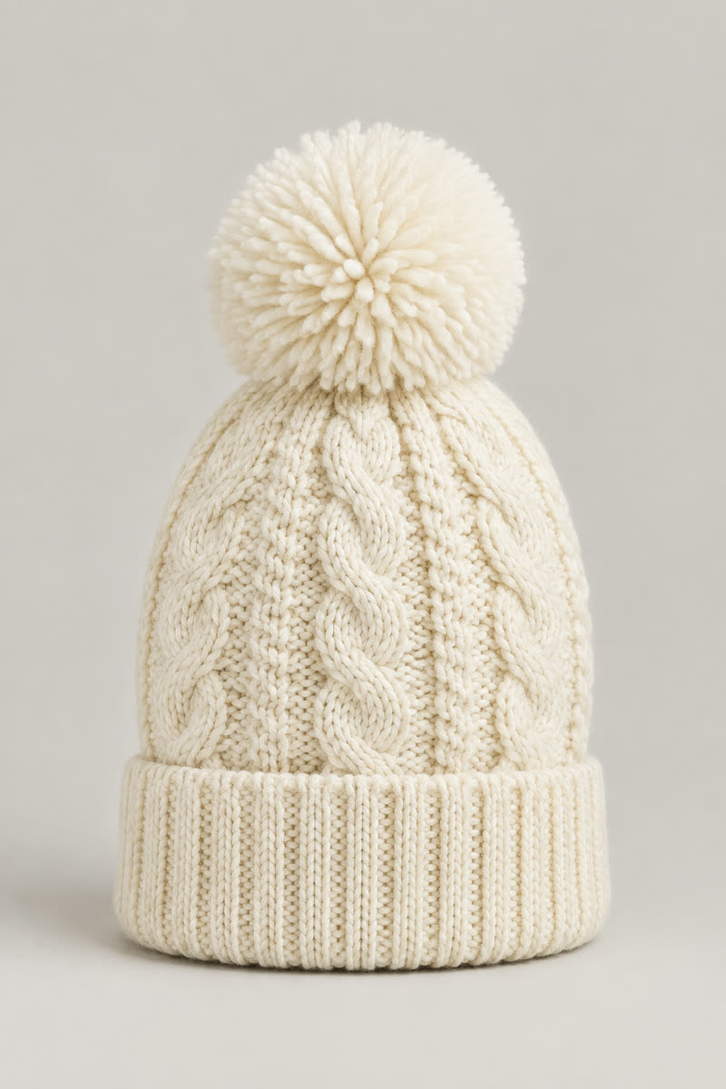Cable Knit Bobble Hat with Pom-Pom - 1
