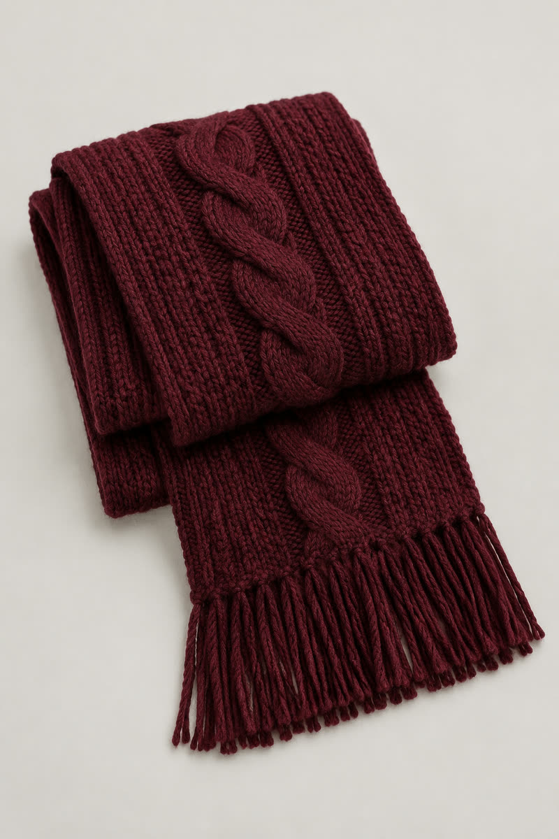 Cable Knit Fringed Wool Scarf - 1
