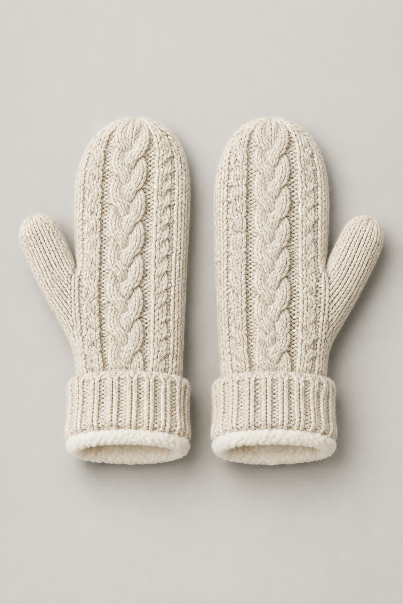 Fleece-Lined Cable Knit Mittens - 1
