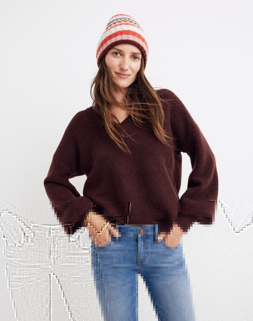 Women's Rust V-Neck Drop Shoulder Sweater - 1